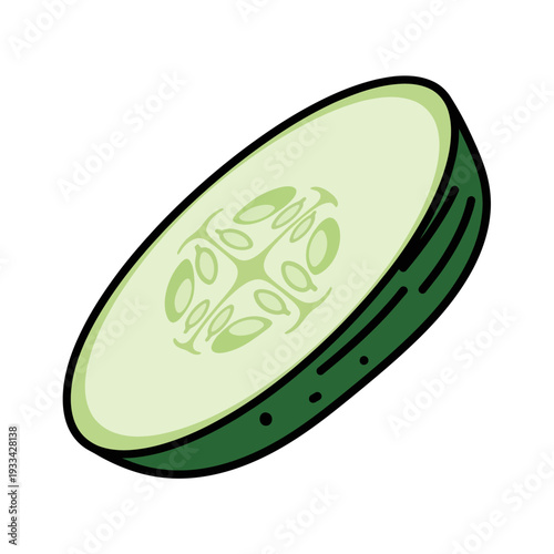 A single, crisp slice of green cucumber, showcasing its internal texture and seeds, isolated on a white background.