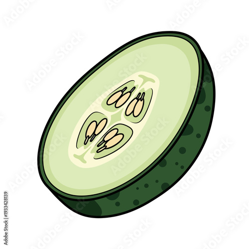 A cross-section of a fresh, green cucumber revealing its internal seeds and light green flesh, with a dark green, textured rind.