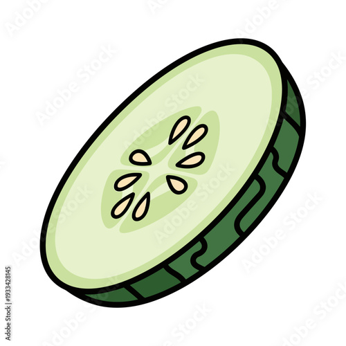 A single, crisp slice of green cucumber, showcasing its light green flesh and small, edible seeds arranged in a circular pattern.