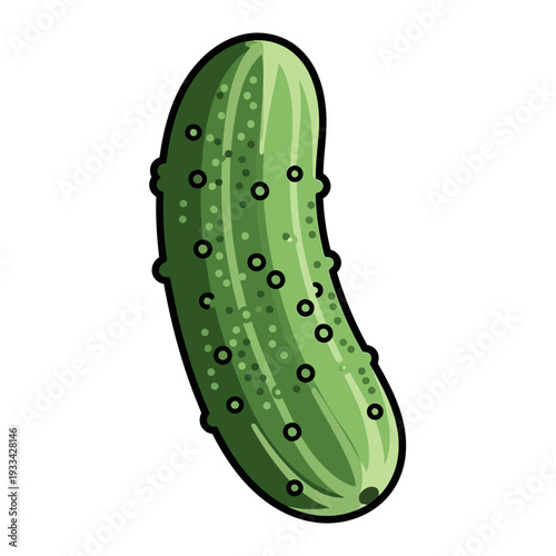 A vibrant, cartoon-style illustration of a single, bumpy green pickle with a curved shape and dark green spots.