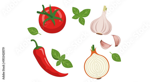 A vibrant circular arrangement of fresh ingredients including a ripe tomato, a red chili pepper, basil leaves, a whole garlic bulb with cloves, and a halved onion, suggesting a culinary theme.
