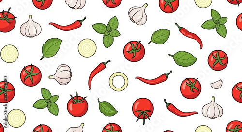 A vibrant and colorful seamless pattern featuring fresh ingredients like tomatoes, chili peppers, garlic, basil, and onion slices, perfect for culinary designs.