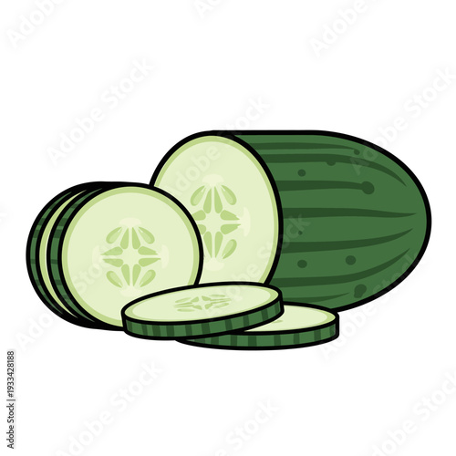 A whole cucumber sliced into rounds, showcasing its refreshing green flesh and seeds, presented on a white background.
