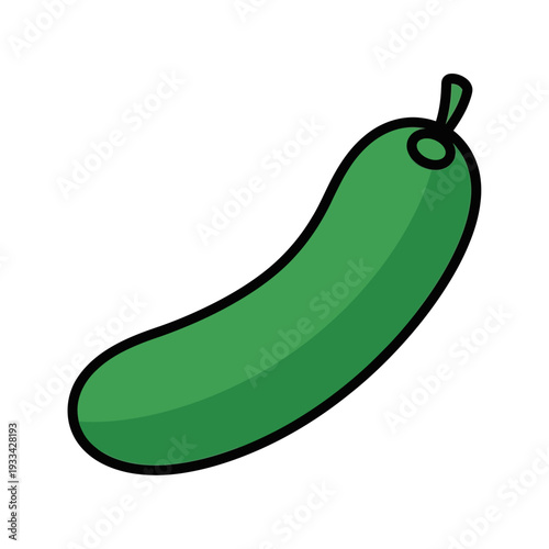 A simple, cartoon-style illustration of a single green cucumber with a black outline, set against a white background.