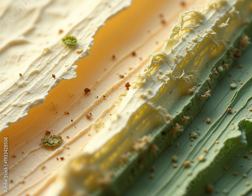 Macro close-up pressed plant fiber composite with embedded botanical fragments, diagonal composition, hemp strands and leaf debris. Warm beige to sage gradient, harsh overhead shadows, natural