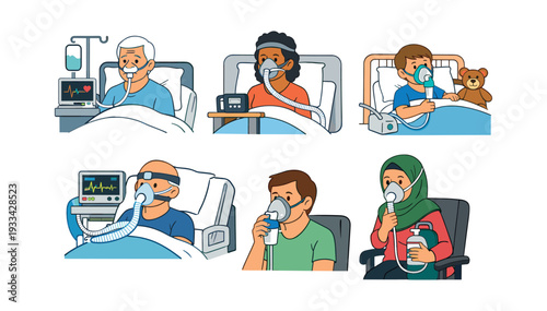 Diverse patients using oxygen masks, nebulizers, and CPAP machines for respiratory care in hospital and home settings