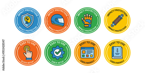 Set of circular product feature stickers showcasing symbols for impact resistance, user-friendliness, and speedy assembly