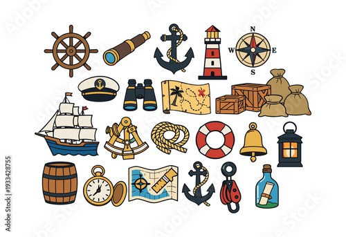 Vector illustration displaying marine objects, sailing elements, and treasure hunting concepts on a white background