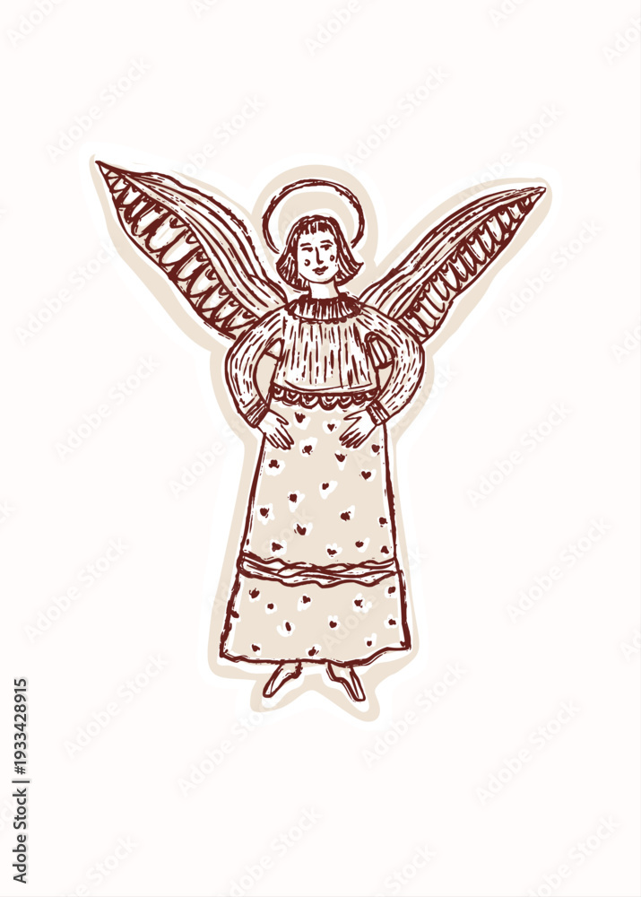 Obraz premium Cute hand drawn guardian angel illustration motif for religious greetings card. Flat isolated black white graphic design element . Christian easter , christmas and religious sticker print for church 