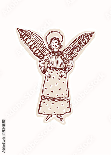 Cute hand drawn guardian angel illustration motif for religious greetings card. Flat isolated black white graphic design element . Christian easter , christmas and religious sticker print for church 