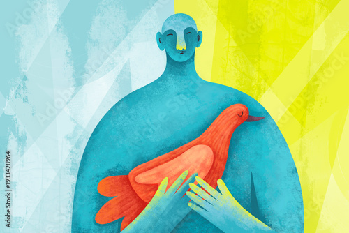 Person holds bird in colorful setting with abstract design