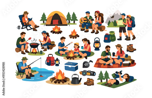 People engaging in various outdoor activities like camping, hiking, fishing, and barbecuing, enjoying nature and relaxation