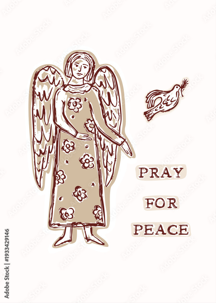 Obraz premium Pray for peace holy angel with peace dove bird . Isolated hand drawn flat vector illustration. Christian prayer greetings card or church print bulletin. Bible journaling sticker style clip art motif
