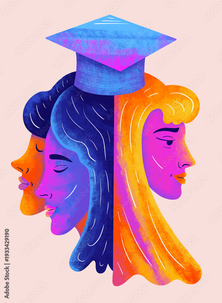 © Marusya Wrobel/Stocksy - Faces of graduates wearing a cap in bright colors