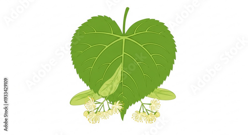 Linden tree leaf and white flowers heart shaped green foliage blooming linden branch