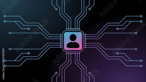 Modern circuit board with human icon and vibrant connections