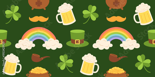Seamless pattern with rainbow, shamrock, beer, gold and leprechaun hat. Irish festive background for StPatrick holiday, card, party decor, wrapping, wallpaper, packaging, textile print. Flat vector.