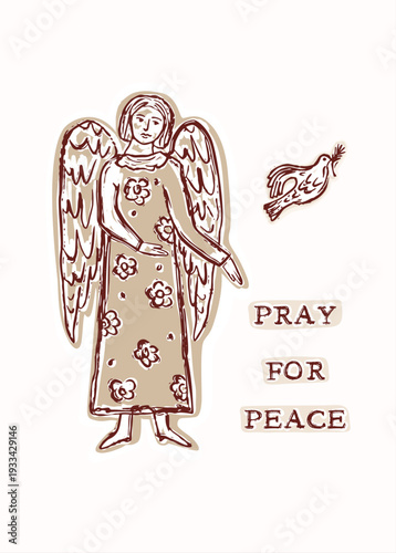 Pray for peace holy angel with peace dove bird . Isolated hand drawn flat vector illustration. Christian prayer greetings card or church print bulletin. Bible journaling sticker style clip art motif