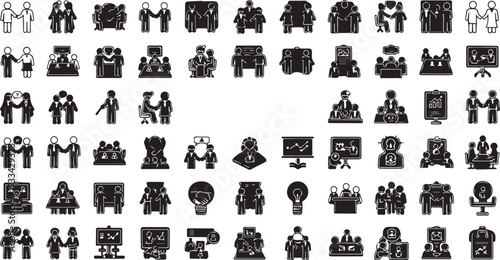 Collection of black and white business meeting and collaboration handshake people