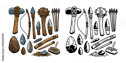 Collection portraying ancient era tools and hunting instruments, showing implements for survival