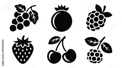 A clean graphic design featuring six fruit icons in black on a white background, perfect for use in various design projects, with a simple yet recognizable style.