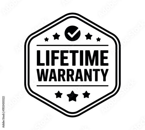 A black and white graphic of a lifetime warranty seal with stars and a checkmark