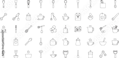 Collection of dashed outline kitchen and beverage on white background spoon whisk sugar bowl tea cup