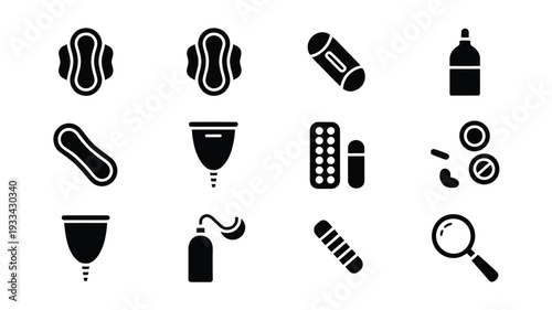 A clean infographic design featuring 12 vector icons of period products and accessories in flat design style on a white background, ideal for educational or commercial use.
