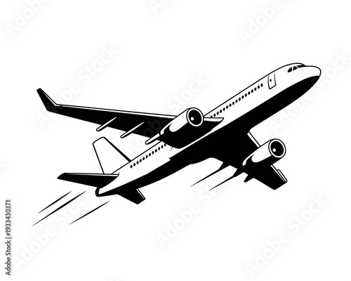 A black and white illustration of an airplane in flight, soaring through the sky with motion lines.