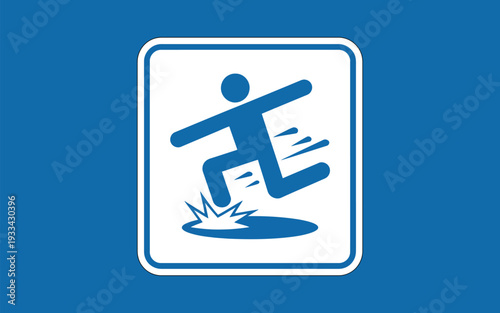 A blue and white warning sign indicating a slippery surface with a person slipping.