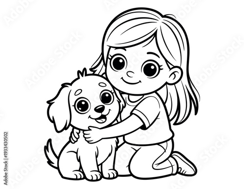 A young girl kneeling and hugging her cute dog in a black and white illustration