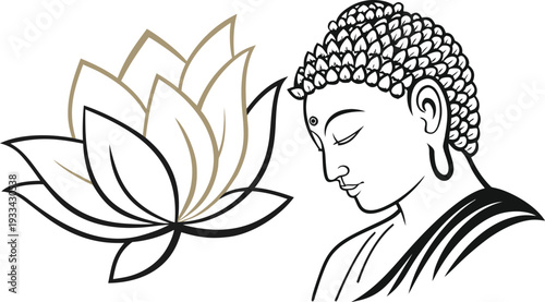 Buddha head with closed eyes and lotus flower in black and beige meditation Buddhism