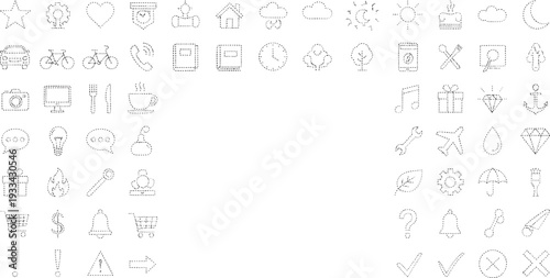 Collection of dotted line representing and symbols on white background symbol collection outline star