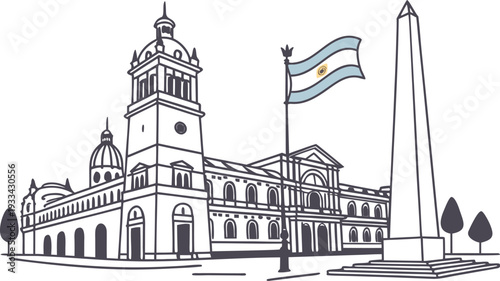 Argentine landscape with government building and flag Argentina obelisk black and white