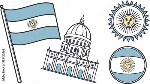 Argentine national flag and iconic symbols Argentina flag national symbol sun symbol