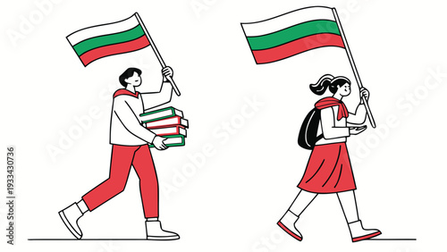 Bulgarian students walking with flags and books children