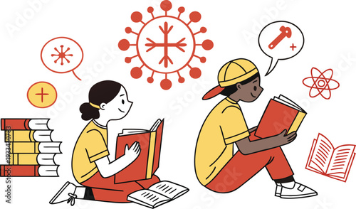 Children reading books with virus and science symbols around them kids