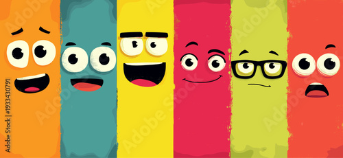 Cheerful cartoon faces on a colorful background expressing various emotions and concepts. Cartoon faces showing emotions and different personalities