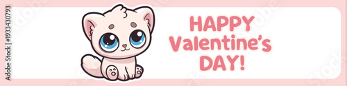 Cute cartoon animal holding a pink sign for Valentine's Day celebration. Cute big-eyed animal delivering Happy Valentine's Day message