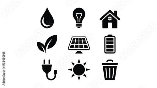 A set of eco-friendly icons in black and white, featuring symbols for sustainability and renewable energy, perfect for environmental and educational materials.