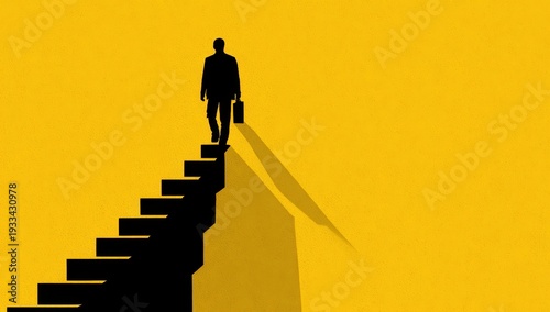 Silhouette of a Businessman Climbing Stairs to Success on Yellow Background.