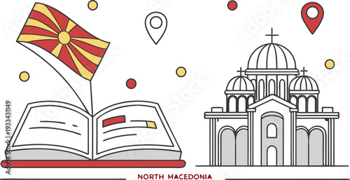 Cuadro en lienzo North Macedonia scene with flag book and church
