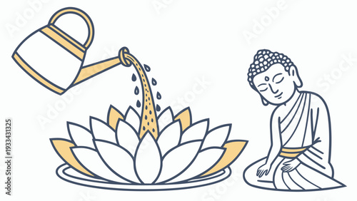 Buddha sitting next to a lotus flower being watered with a golden watering can white