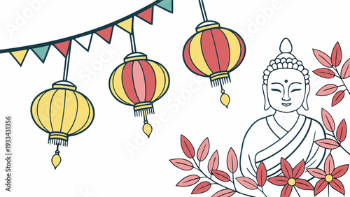 Buddha statue with hanging lanterns and flowers leaves