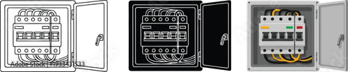 Collection of electrical circuit breaker boxes illustrated in detailed line art and realistic vector styles ideal for power distribution safety and energy management concepts