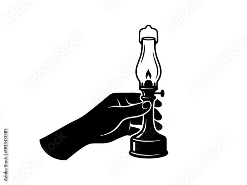 A minimalist black and white vector illustration of a human hand holding a classic kerosene oil lamp, representing light, guidance, and vintage technology.