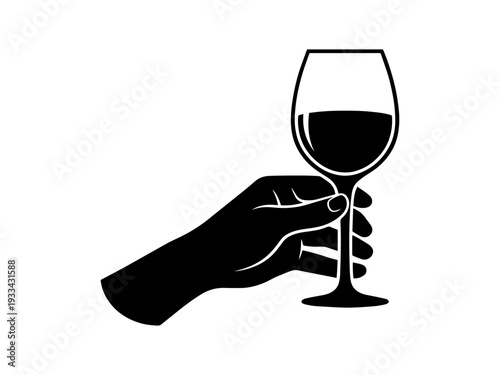 Minimalist black and white silhouette of a human hand holding a wine glass. Professional vector design for bar, restaurant, or wine tasting branding.
