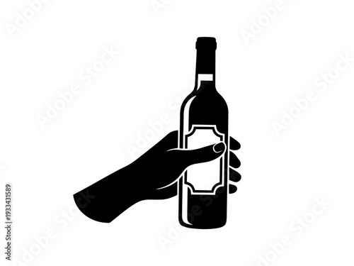 A minimalist black and white silhouette vector of a hand holding a wine bottle with a blank label, perfect for wine tasting, restaurant menus, or hospitality branding.