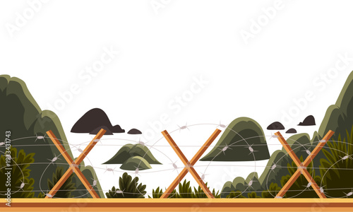 Barbed wire border fence with wooden barricades along mountainous landscape, conceptual illustration of restricted area, territorial conflict and security control