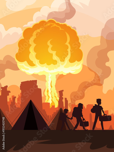 Silhouetted refugees walking near tents with nuclear explosion in background, powerful illustration of survival and displacement during wartime catastrophe